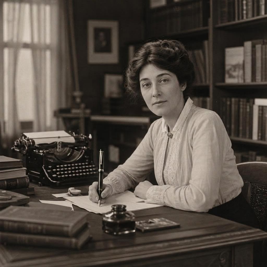 An archival-style 1920s woman writer at a desk with a typewriter, manuscripts, an ink bottle, and a fountain pen