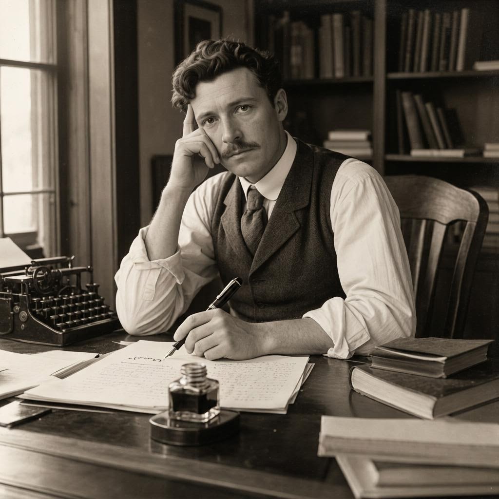 An archival-style 1920s writer at a desk with books, a typewriter, an ink bottle, and a fountain pen